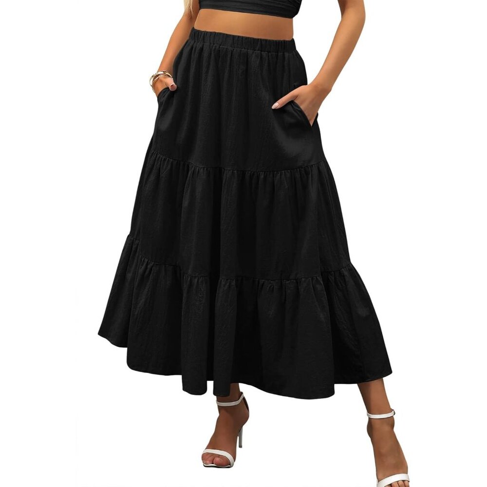 Women’s Flowy Tiered Maxi Skirt In Black - Perfect For Casual Summer Outings
